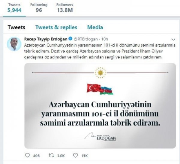 Ərdoğan Azərbaycan xalqını təbrik etdi — FOTO