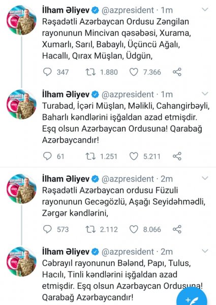 "Cəbrayıl, Füzuli və Zəngilan rayonlarının bir sıra kəndləri azad olunub" - Prezident