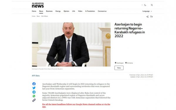 “Azərbaycan 2022-ci ildə köçkünlərin Qarabağa qaytarılmasına başlayacaq” - “Alarabia” telekanalı