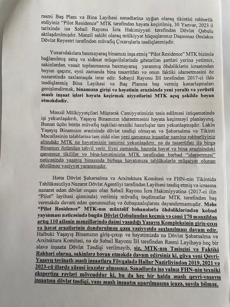 "Pilot Residence" MTK sakinlərinin fəryadı: illərdir çözülməyən problem (MƏKTUB)
