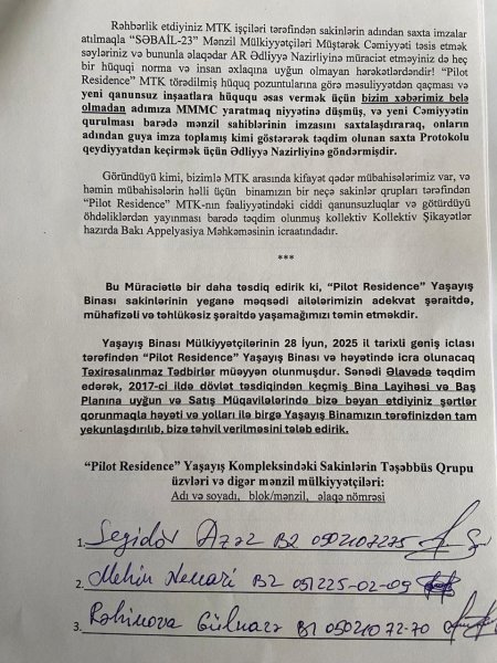 "Pilot Residence" MTK sakinlərinin fəryadı: illərdir çözülməyən problem (MƏKTUB)