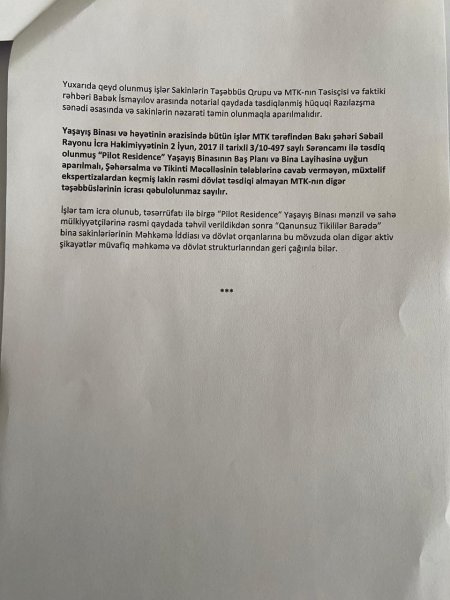 "Pilot Residence" MTK sakinlərinin fəryadı: illərdir çözülməyən problem (MƏKTUB)