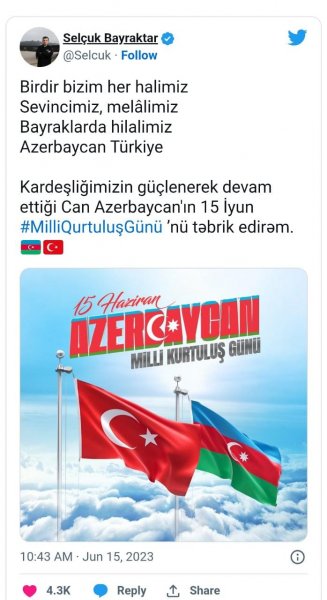 Səlcuq Bayraktar Azərbaycanı belə təbrik etdi