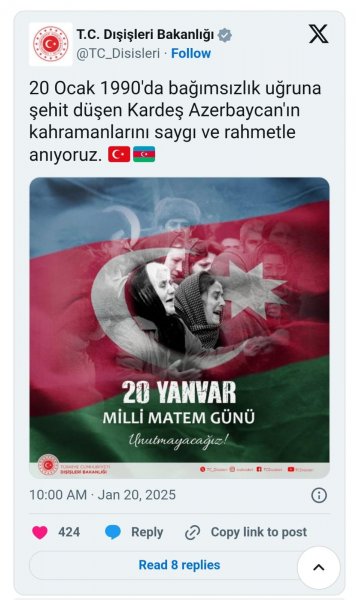 Türkiyə XİN 20 Yanvar faciəsinin ildönümü ilə bağlı paylaşım edib