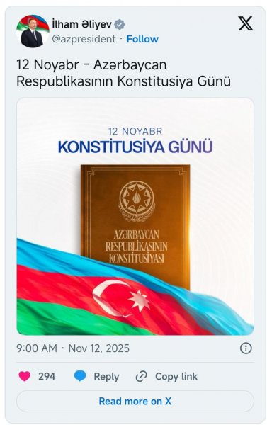İlham Əliyevdən Konstitutsiya Günü ilə bağlı paylaşım